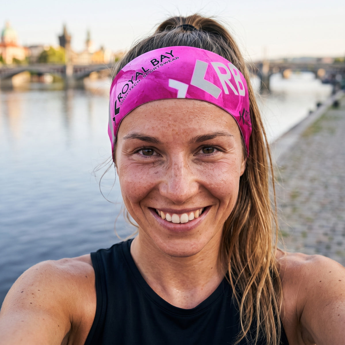 ROYAL BAY | Funkční sportovní čelenka – Růžová neon, po běhu (ilustrační AI foto)