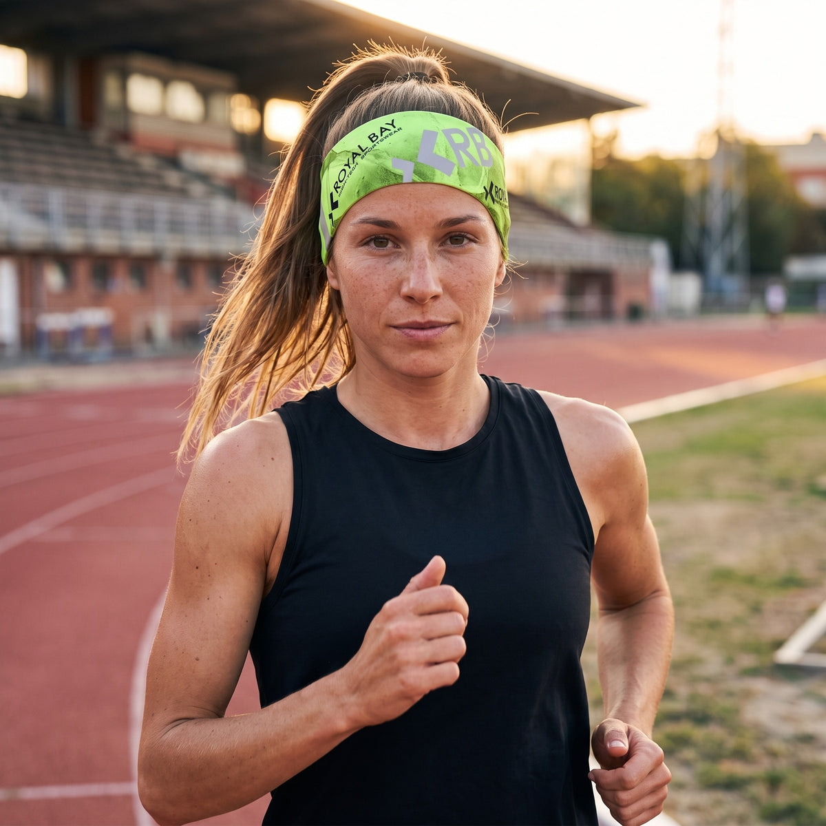 ROYAL BAY | Funkční sportovní čelenka – Zelená neon, při běhu (ilustrační AI foto)